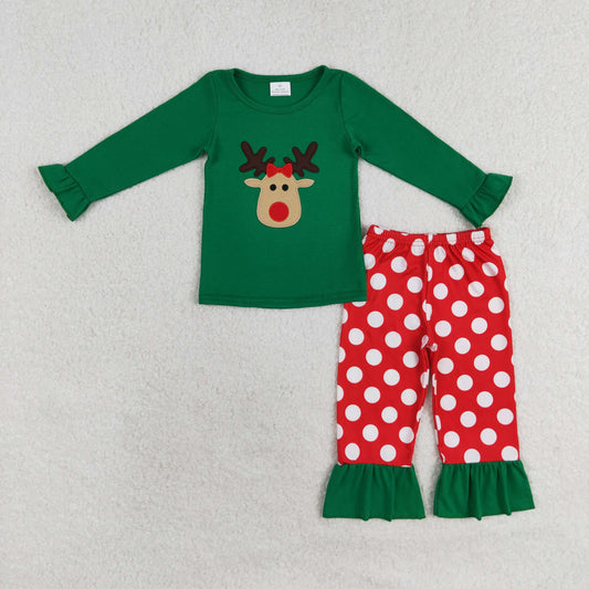 green red reindeer embroidery girl Christmas pajama