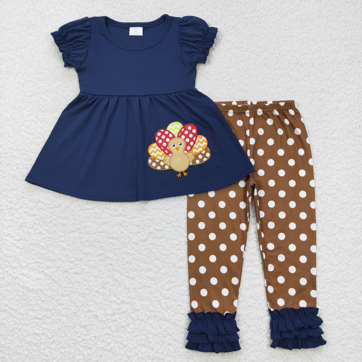 girl thanksgiving day clothing navy blue turkey embroidery icing outfit