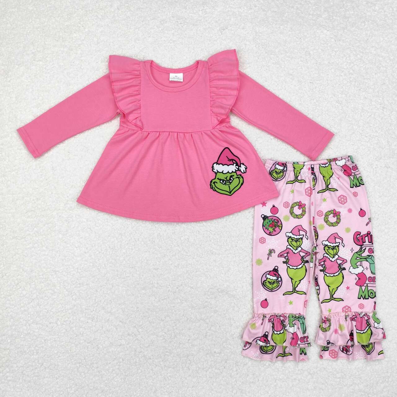 pink grinchey embroidery ruffle pants set girl Christmas outfit