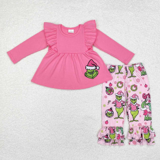 pink grinchey embroidery ruffle pants set girl Christmas outfit
