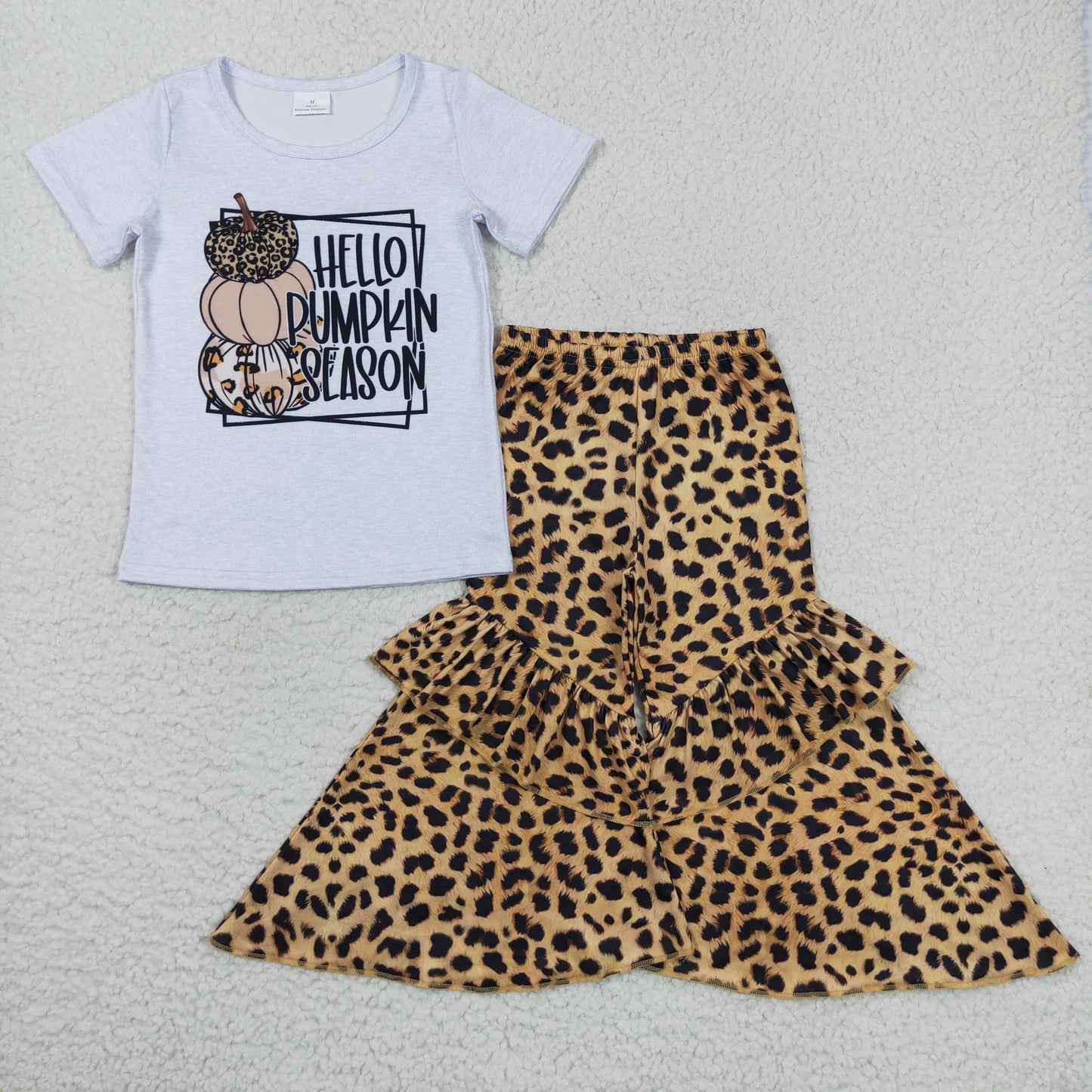 hello pumpkin season leopard flare pants set girl fall clothing