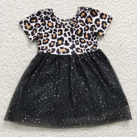 short sleeve leopard black tutu dress girl clothes