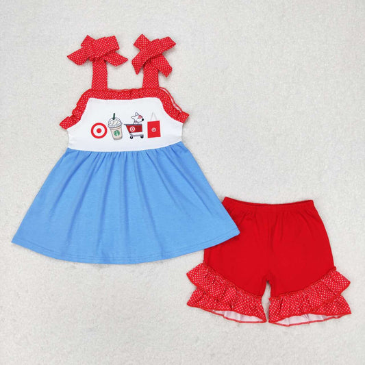 blue red target strap shorts set