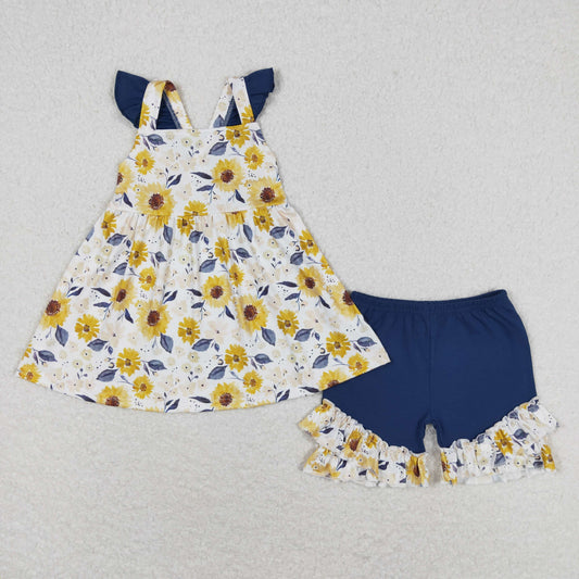 strap sunflower navy ruffle shorts set