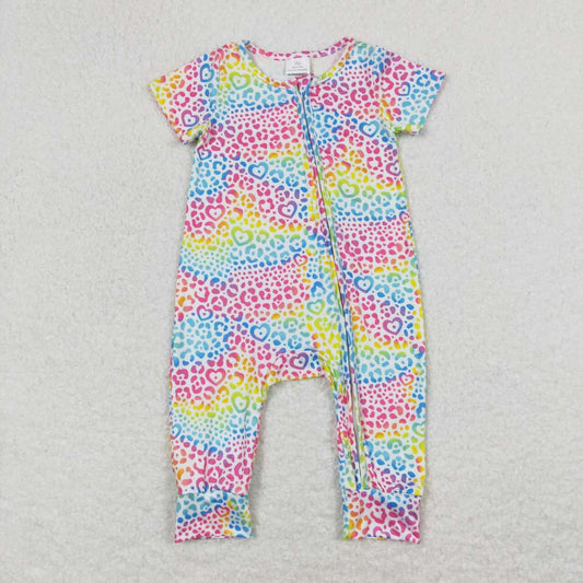 summer rainbow leopard infant girl zip romper baby clothes