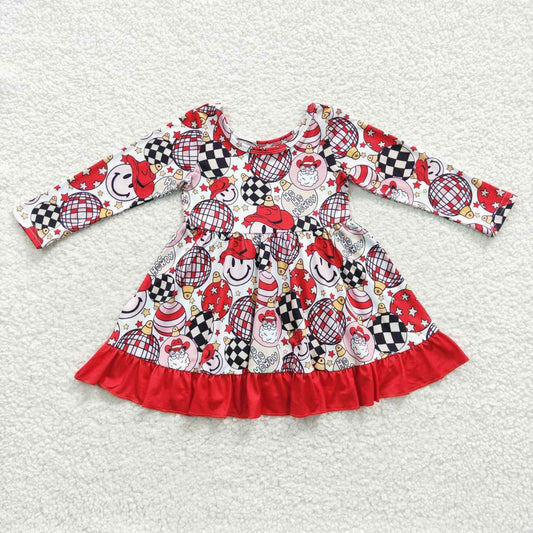 santa& smile print red ruffle hoho howdy girls christmas dress