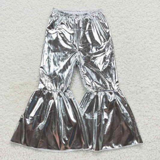 Silver leather shinny baby girls bell bottom pants