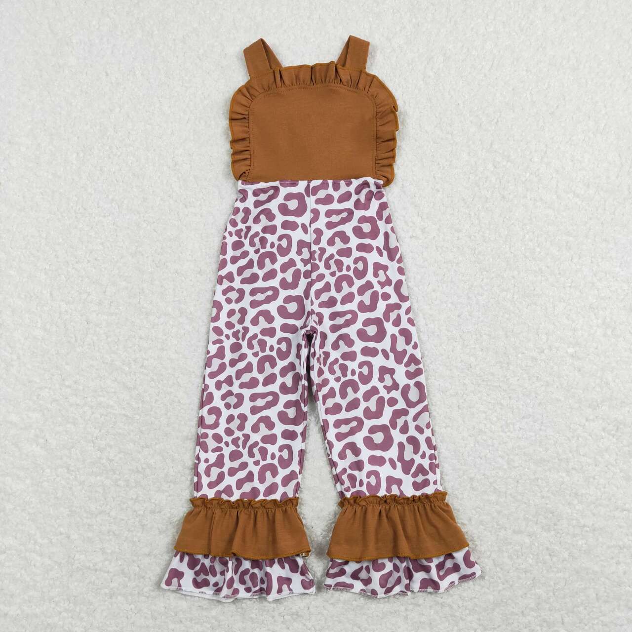 cross back,strap brown leopard pants length girls jumpsuit
