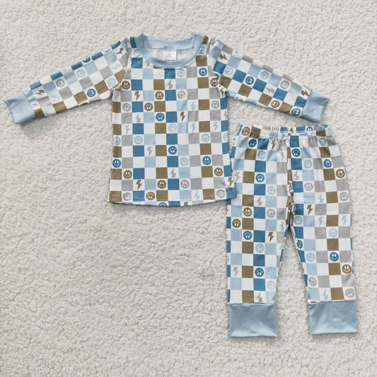 blue retro checkered boys long sleeve pajama set