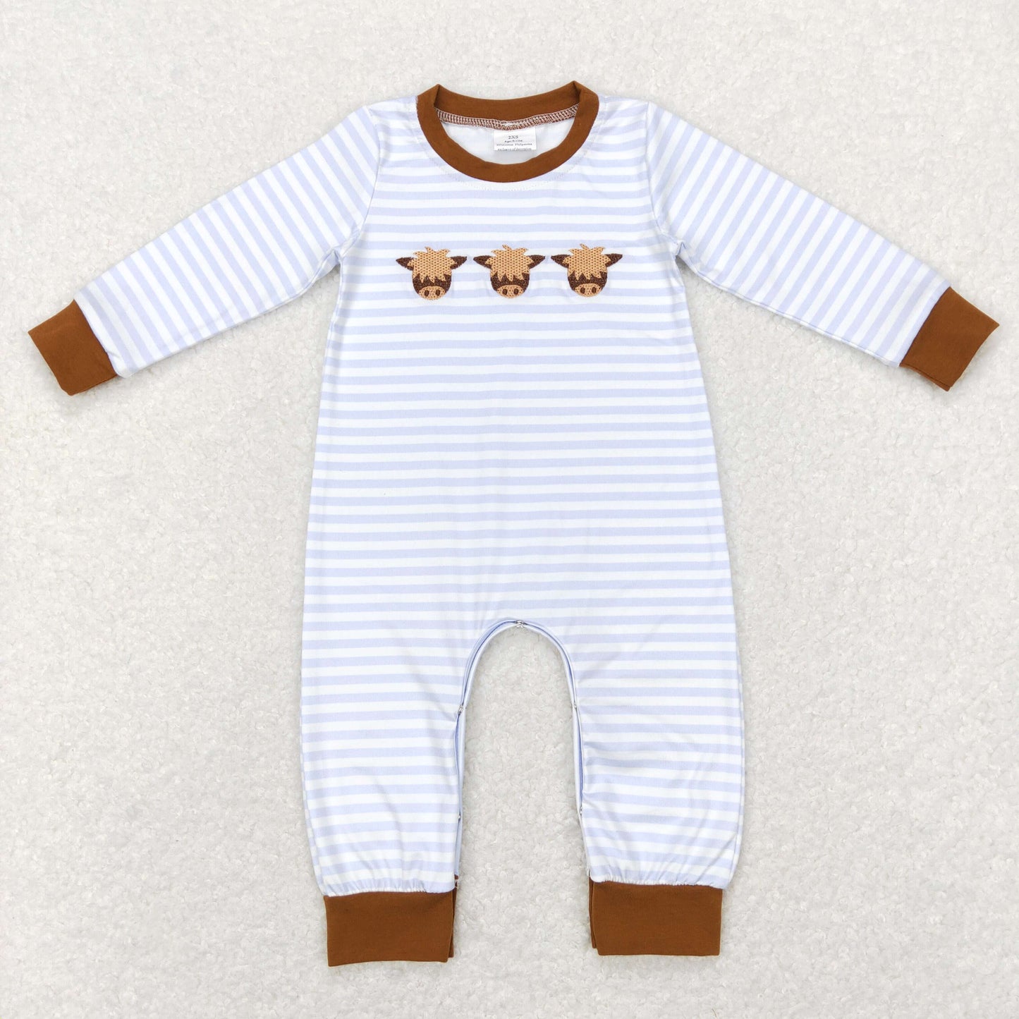 baby boy greay stripe cow embroidery romper