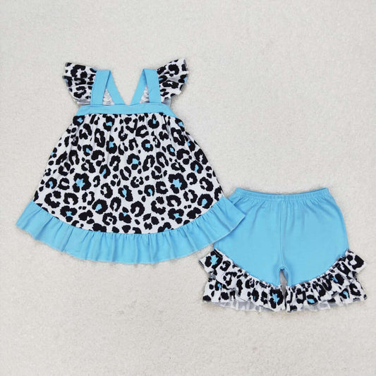 blue leopard cross back shorts set girl