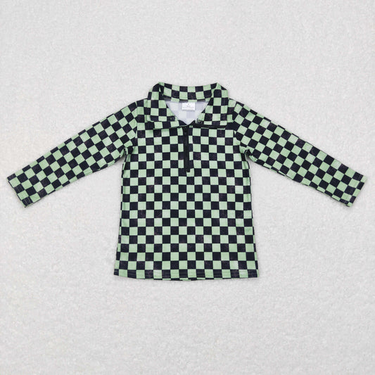 kids long sleeve green checkered zip up pullover