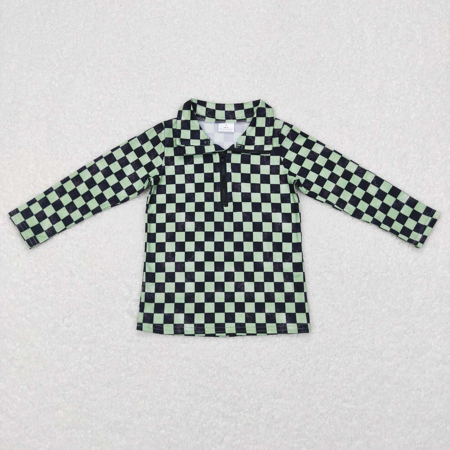 kids long sleeve green checkered zip up pullover