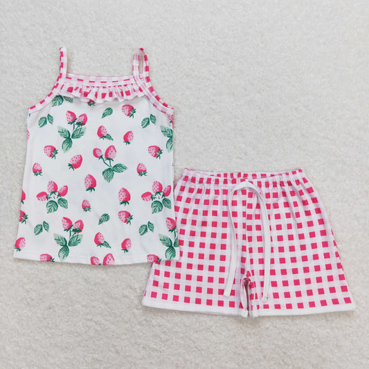 suspender pink strawberry shorts set girl summer outfit