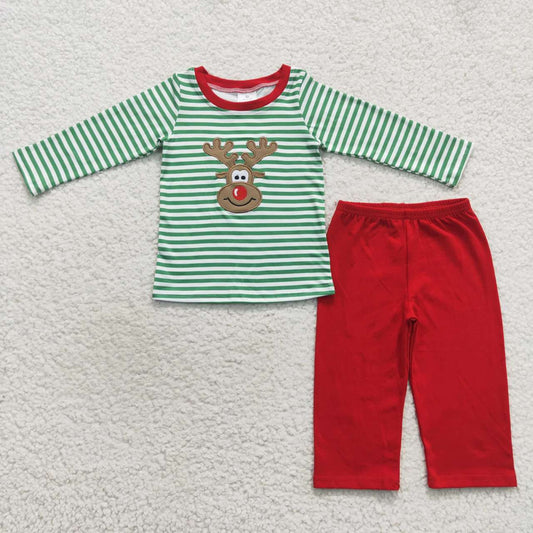 deer embroidery red pants set boy christmas clothes