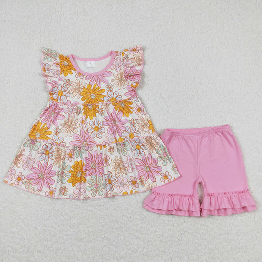 girls casual flutter sleeve floral shorts two piece set summer clothing
