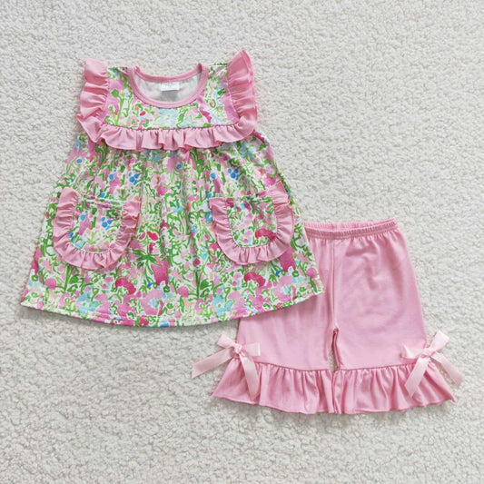 pink floral cotton girls shorts set with pocket