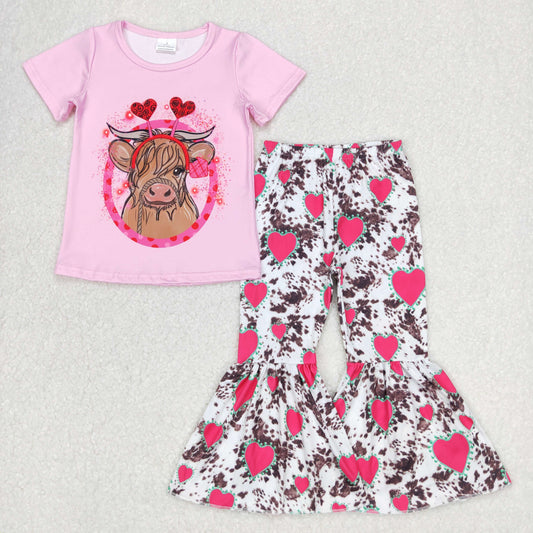 little girl short sleeve pink turquoise heart bell bottom clothes