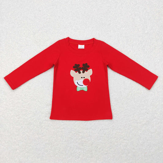 boy cotton red reindeer embroidery pullover