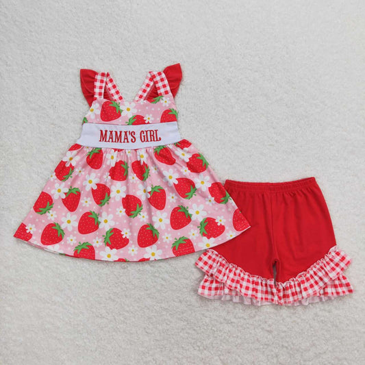 strawberry mama's girl embroidery shorts set
