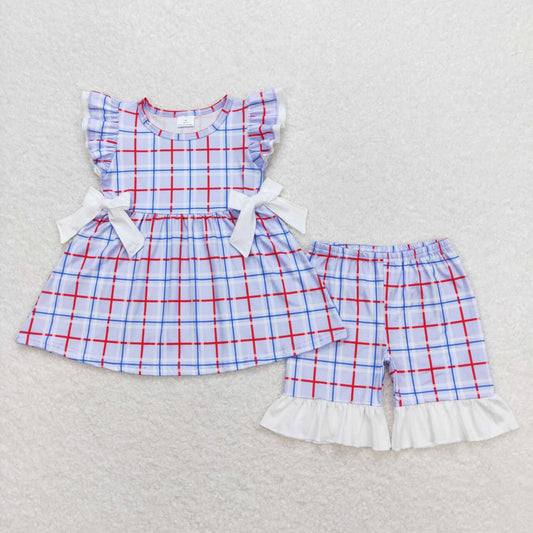 4th of july style re white blue plaid shorts set