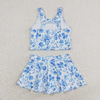 blue flower tank two pieces skort swimsuit