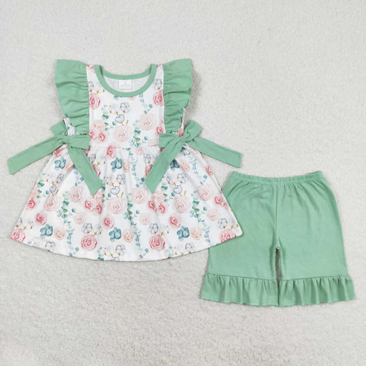 light green flower print girl bow shorts outfit