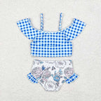 blue plaid floral two piece swimsuit girls swimwear