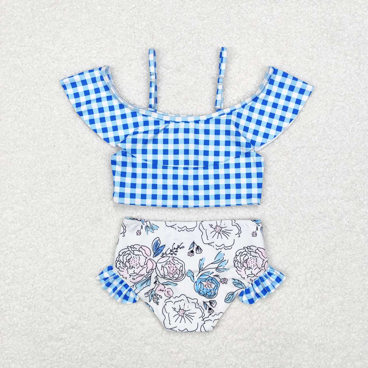 blue plaid floral two piece swimsuit girls swimwear