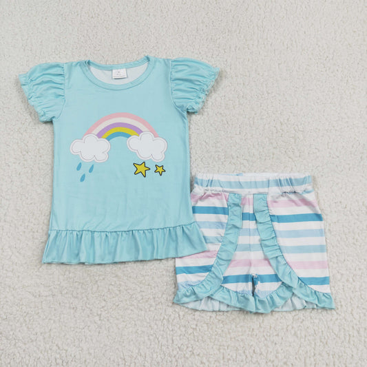 light blue rainbow print stripe ruffle shorts set girl