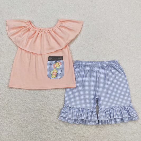 bee embroidery ruffle gingham shorts set