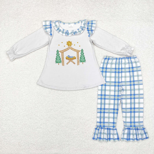 gray blue nativity plaid pants outfit girls clothes