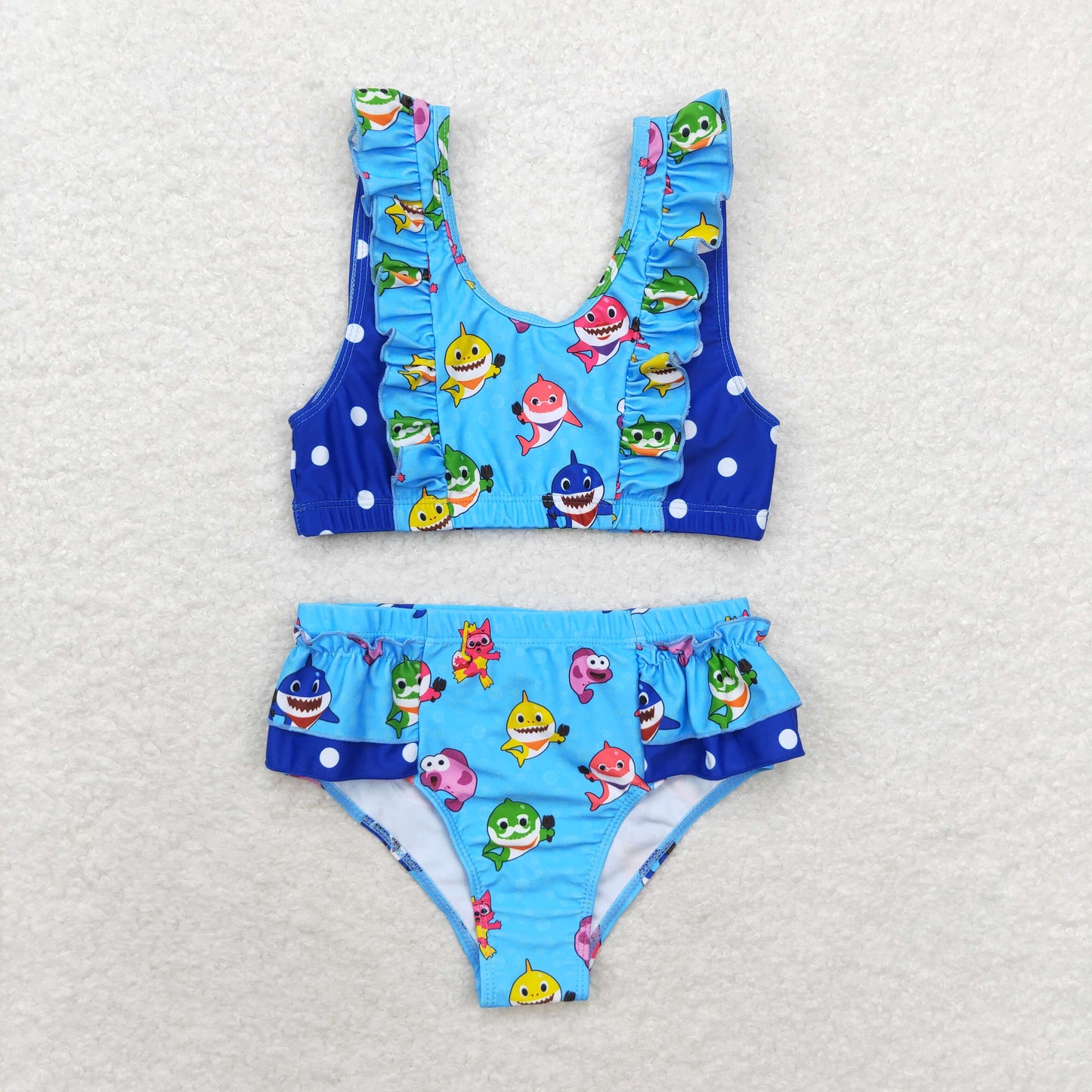 blue cartoon shark two piece ruffle swimsuit girl swimwear