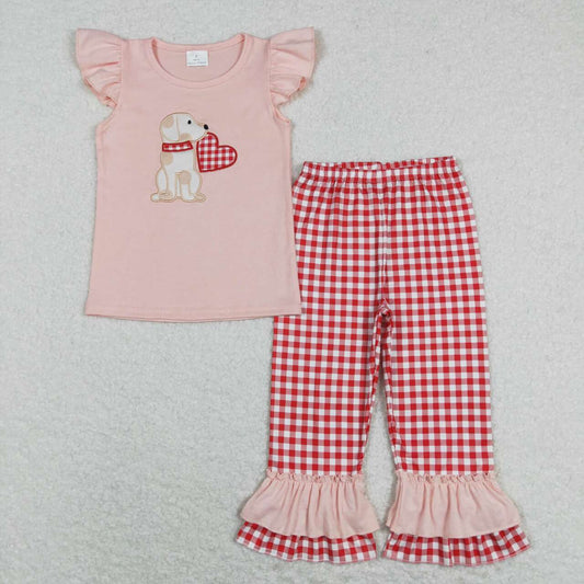 dog heart embroidery pants set girl ruffle pants set