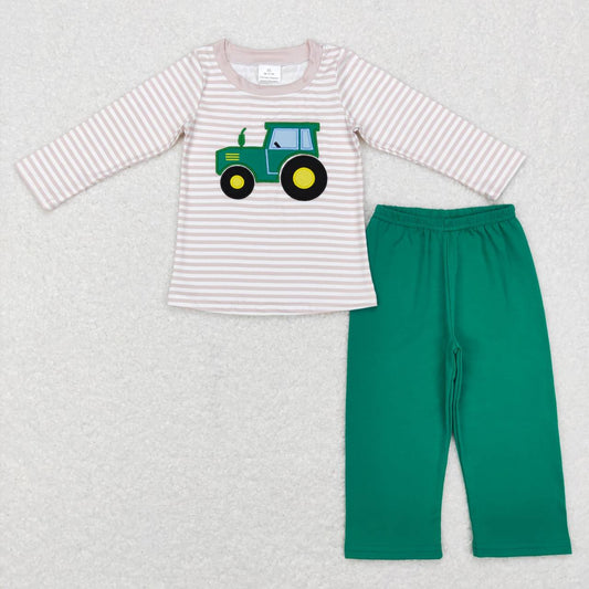 little boy tractor embroidery solid green pants set fall outfit