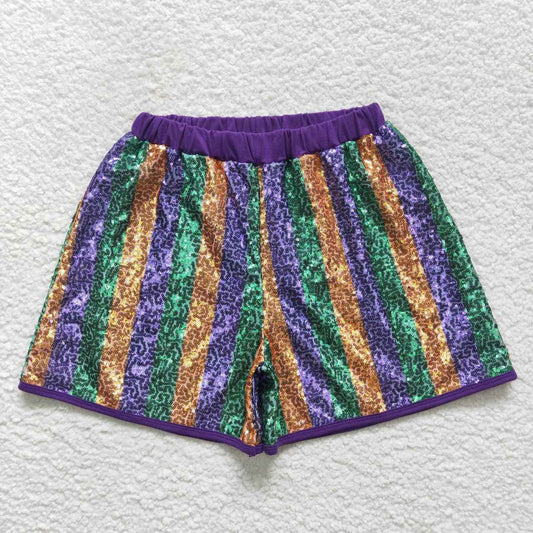 Adult Mardi gras purple green goden stripe sequins shorts