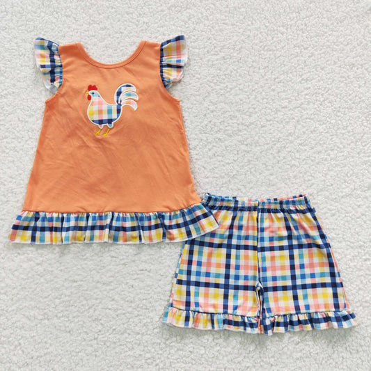 chicken embroidery outfit girl bow shorts set