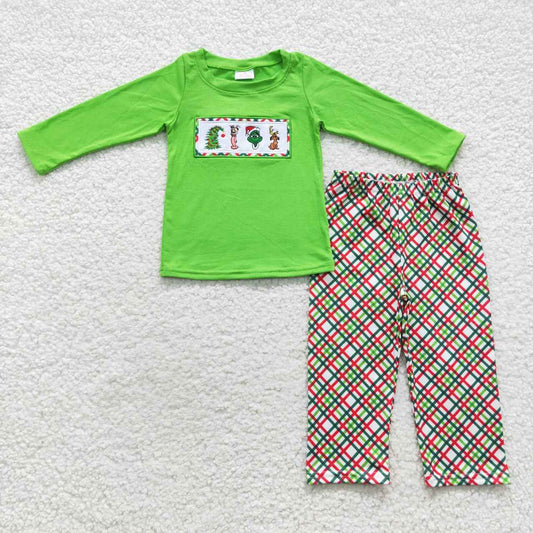 Embroidery grinch pants set boy christmas outfit