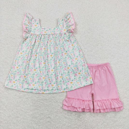 girl summer clothes flower tunic pink ruffle shorts set