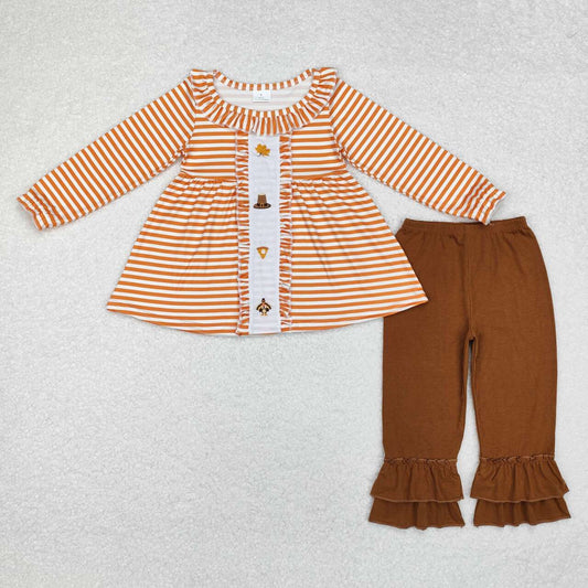 orange brown pumpkin pie and turkey embroidered pants outfit