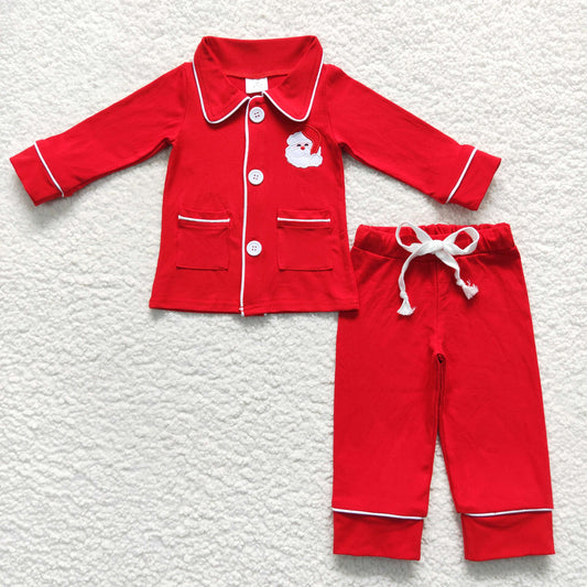 little boy cotton solid red pajama-santa embroidery
