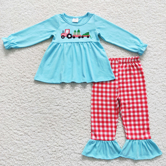 christmas tree truck embroidery red plaid ruffle pants set girls outfit