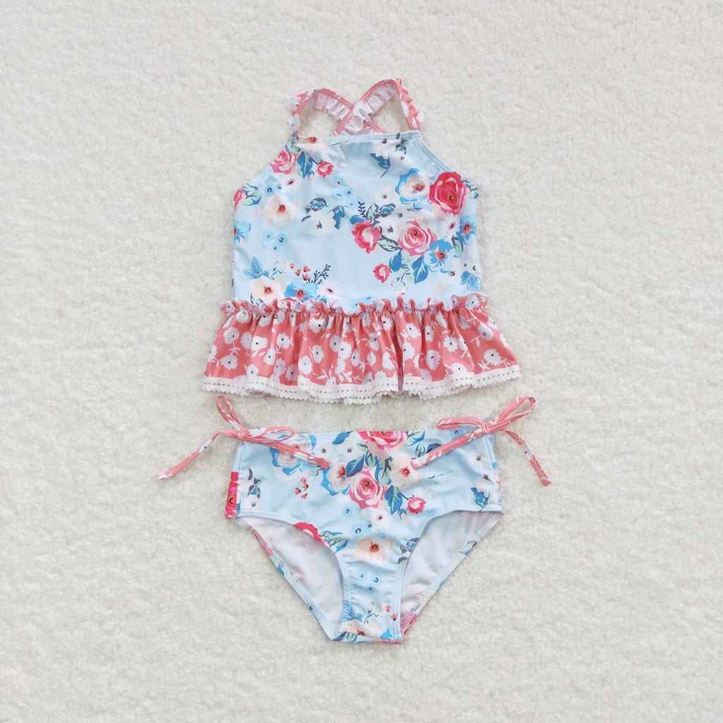 2pieces blue floral cross back swimsuit