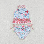 2pieces blue floral cross back swimsuit