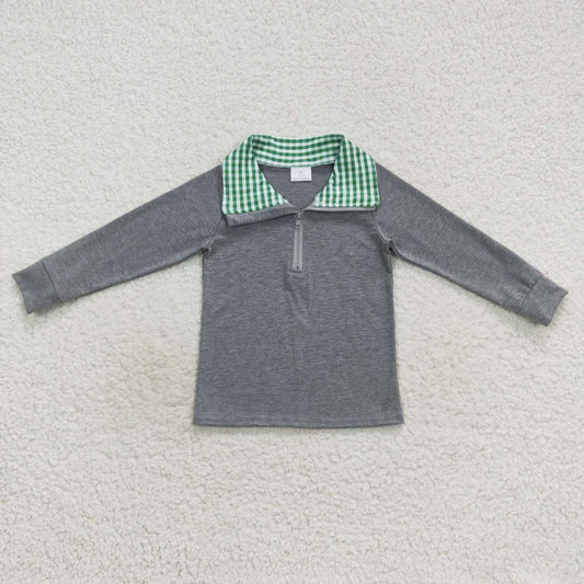Boy cotton gray green plaid collar zip pullover top