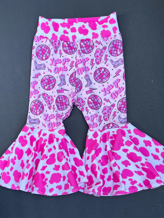pre order let's go girls bell bottom pants pink cow print kids trousers