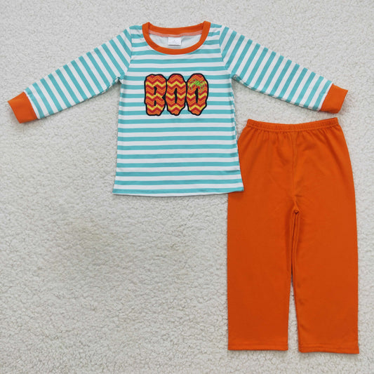Halloween boo embroidery outfit boys orange pants set