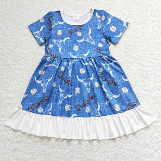 western dress blue cow&flower print girl dresses