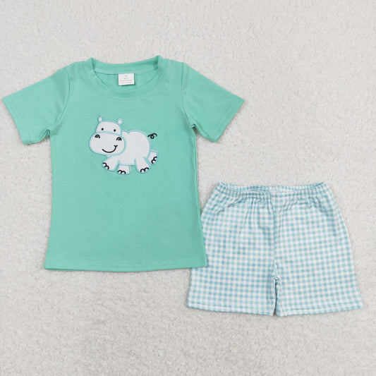 baby boy clothes hippo embroidery shorts set