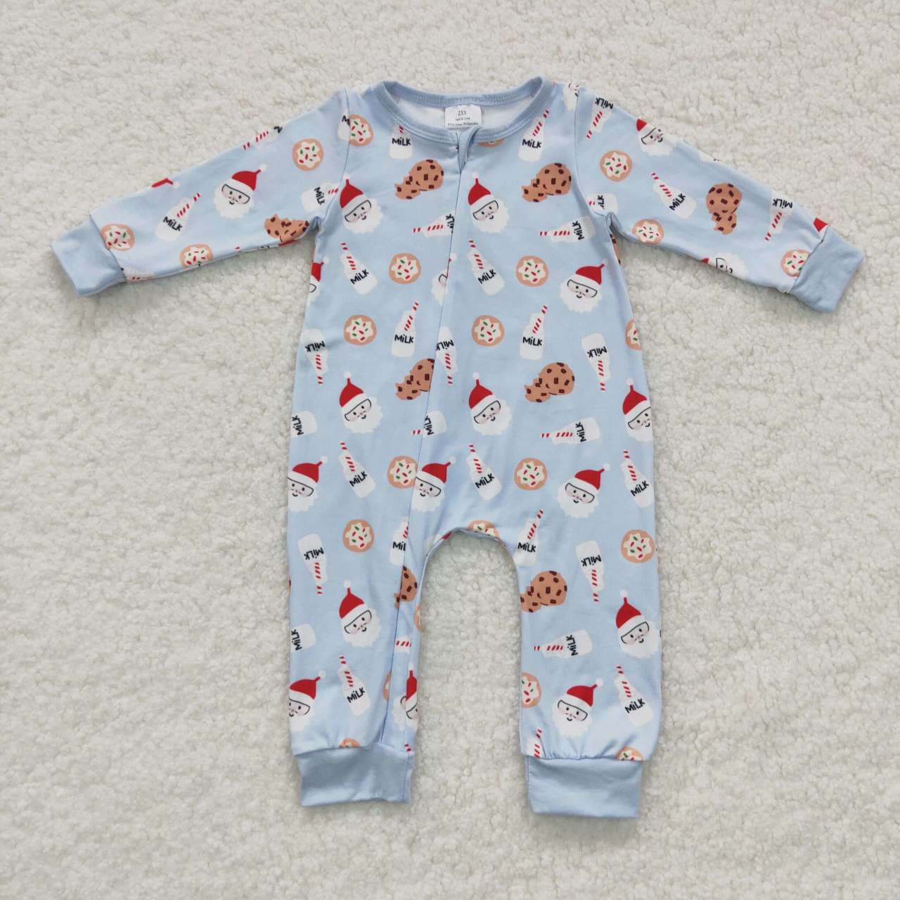 Blue milk biscuit zipper sleeper, baby boy christmas PJs